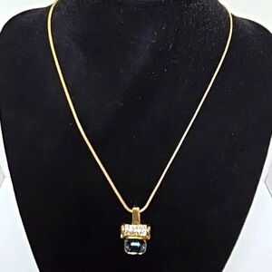 CP Branded Gold Tone Necklace With Large Blue Tone Stone Pendant 16"